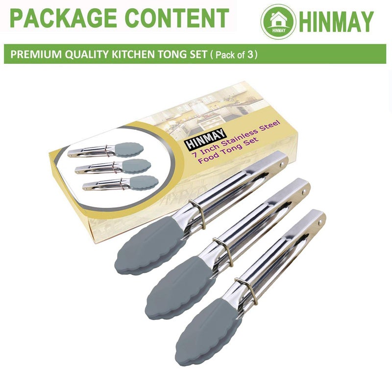 HINMAY Silicone Utility Tong Kitchen Tongs 7 Inch Metal Salad Tongs, Set of 3 (Gray) - Image 2